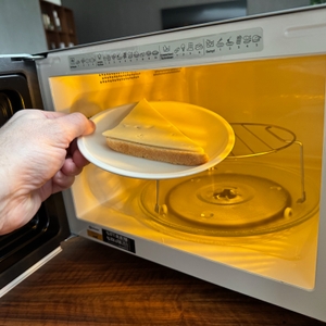 Eine Hand entnimmt einen Teller mit einem überbackenen Toast aus der Bauknecht MW 254 SM