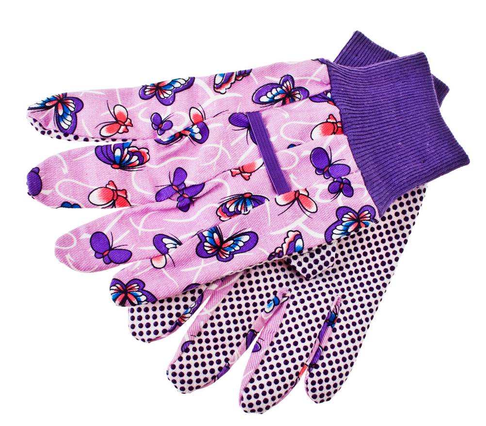 Baumwollhandschuhe im Test: Gartenhandschuhe aus Baumwolle bunt (rosa-lila) mit Schmetterlingsmotiv auf weißem Grund.