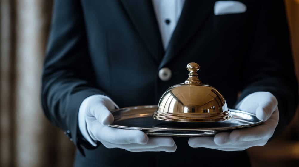 Baumwollhandschuhe im Test: Eine Nahaufnahme eines Menschen in Anzug mit weißen Handschuhen, der ein kleines silberes Tablett mit einer silbernen Haube trägt.