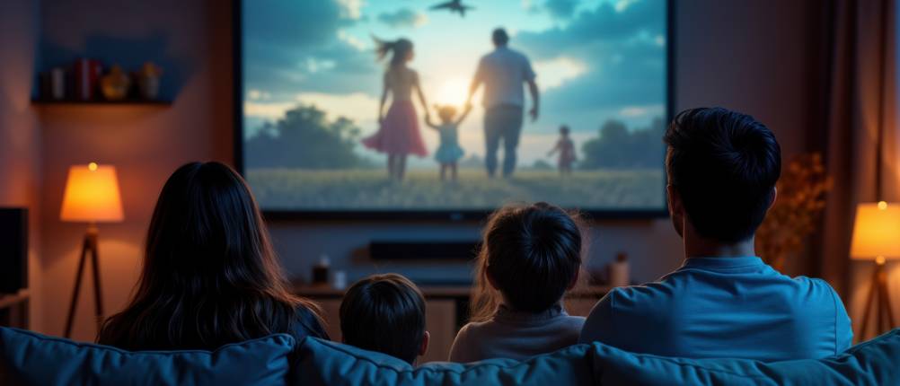 Beamer-Leinwand-Test: Eine Familie schaut einen Film im Heimkino in entspannter Atmosphäre