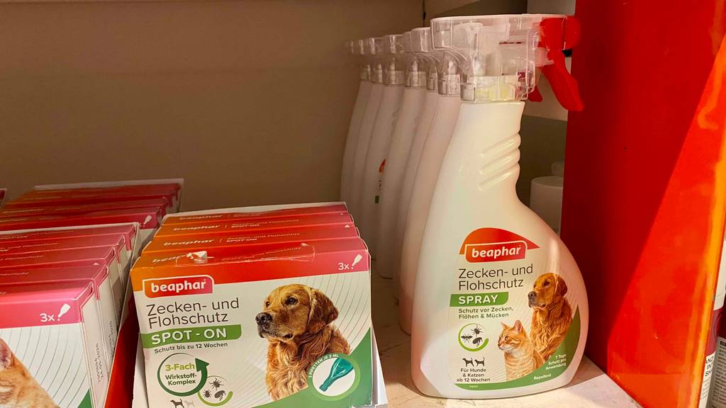 Zecken-Spray im Test: mehrere Sprühflaschen mit Zecken-.Spray von Beaphar stehen in einem Regal mit anderen Produkten für Hunde.
