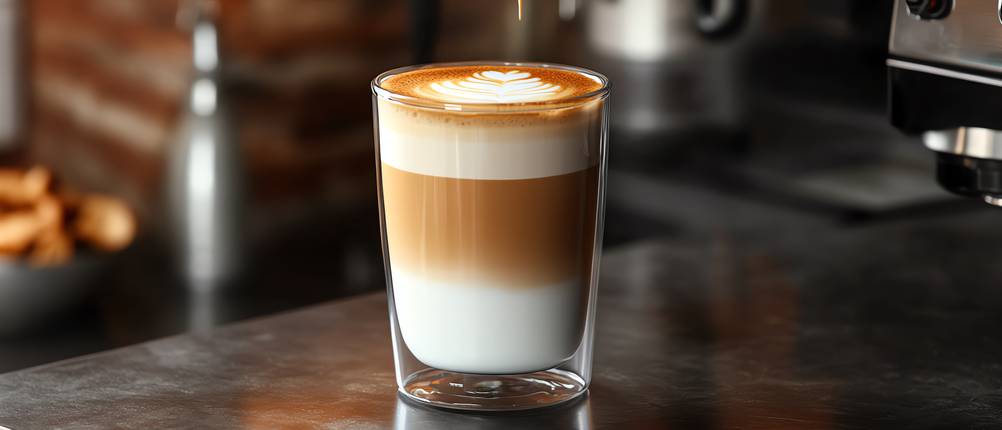 Beem-Kaffeemaschine-Test: Glas mit Kaffeespezialität steht auf einem Tisch