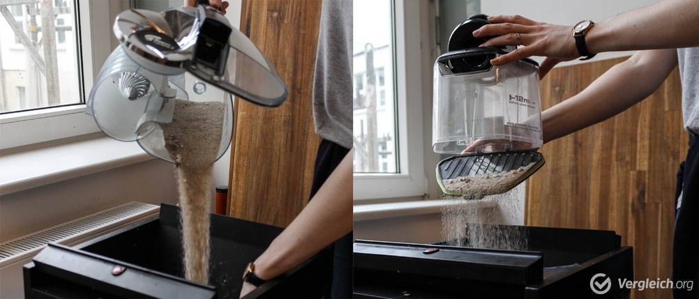 Der Behälters eines Staubsaugers ohne Beutel wird entleert.