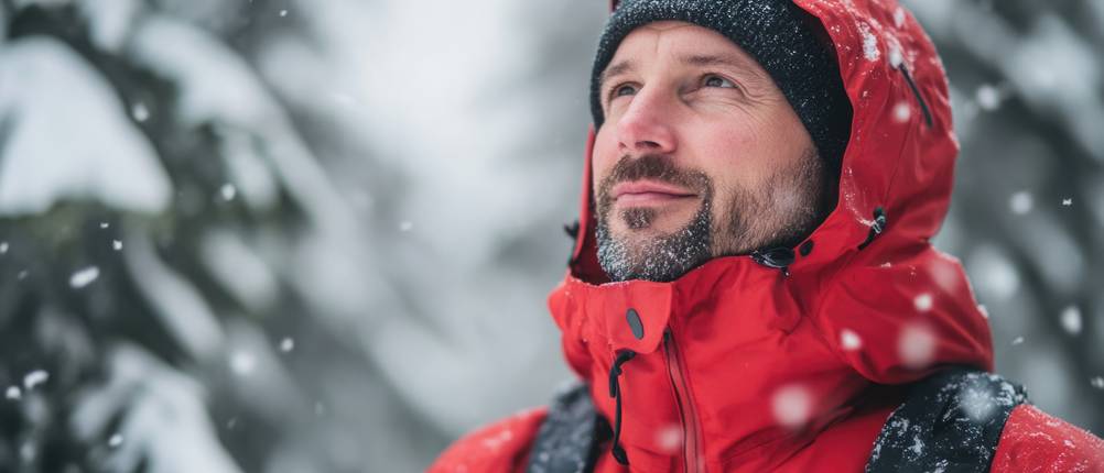 Beheizbare Herren-Jacke-Test: Mann trägt eine beheizbare Herrenjacke im Schnee.
