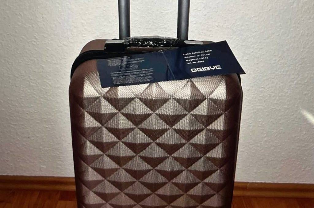 Ein silberner Beibye Handgepäck-Koffer getestet, mit Fokus auf den ausziehbaren Griff vor weißer Wand.
