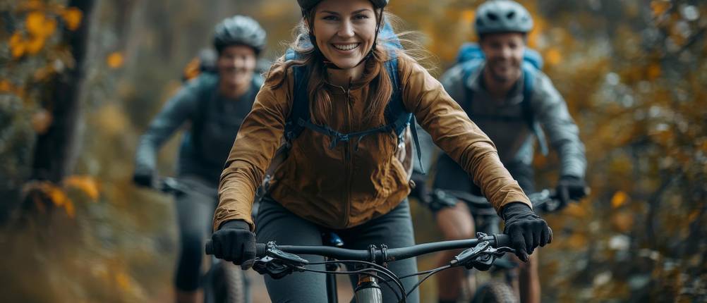 Beinlinge-Fahrrad-Test: Eine Gruppe von Radlern fährt gemeinsam, eine Frau fährt vorweg.