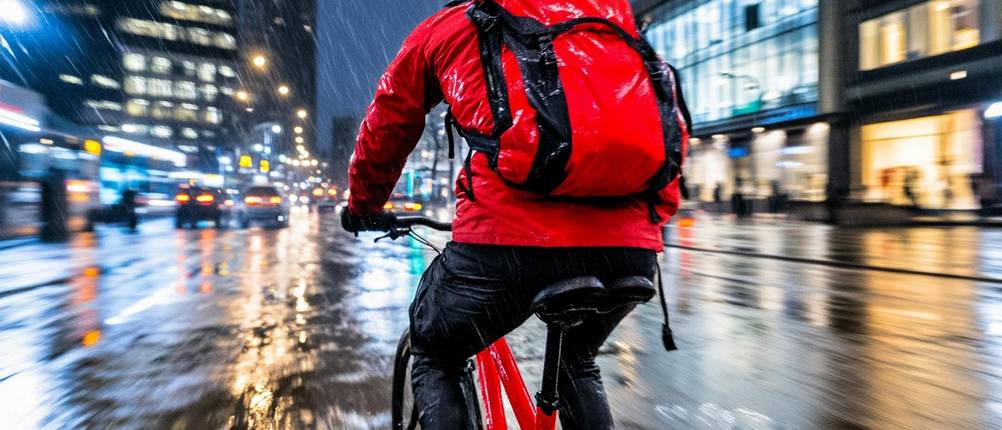 Beinlinge-Fahrrad-Test: Ein Mann fährt nachts, bei Regen auf dem Fahrrad und trägt eine rote Jacke und einen roten Rucksack.