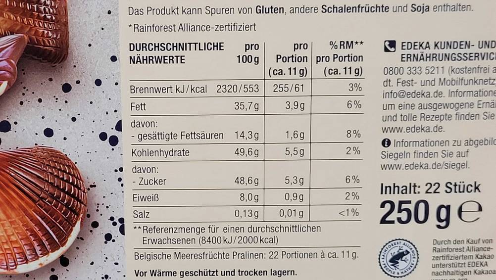 Belgische Pralinen-Test: Nahaufnahme der Nährwerte auf der Rückseite der Verpackung.