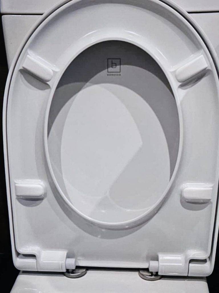 Nahaufnahme eines weißen, angehobenen Benkstein Premium WC-Sitzes mit D-Form im Test.