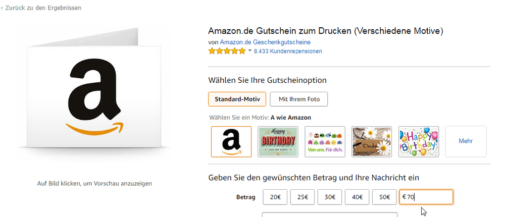 Amazon-Geschenkgutschein zum Drucken mit Betragauswahl