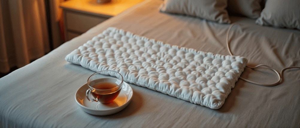 Beurer-Heizkissen im Test: Ein Heizkissen liegt auf einem Bett, davor steht eine Tasse Tee.