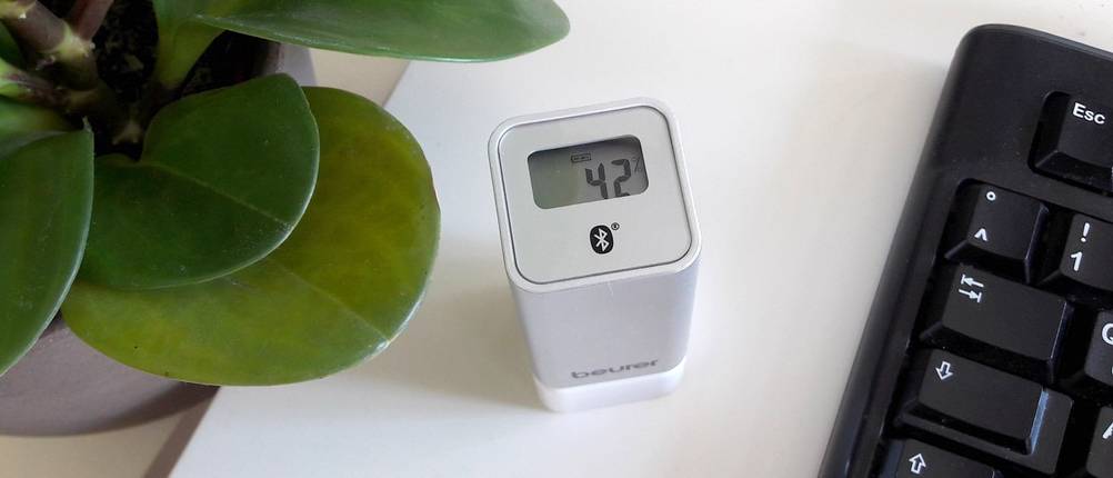 App-Hygrometer von Beurer mit kleinem Bildschirm neben Büropflanze