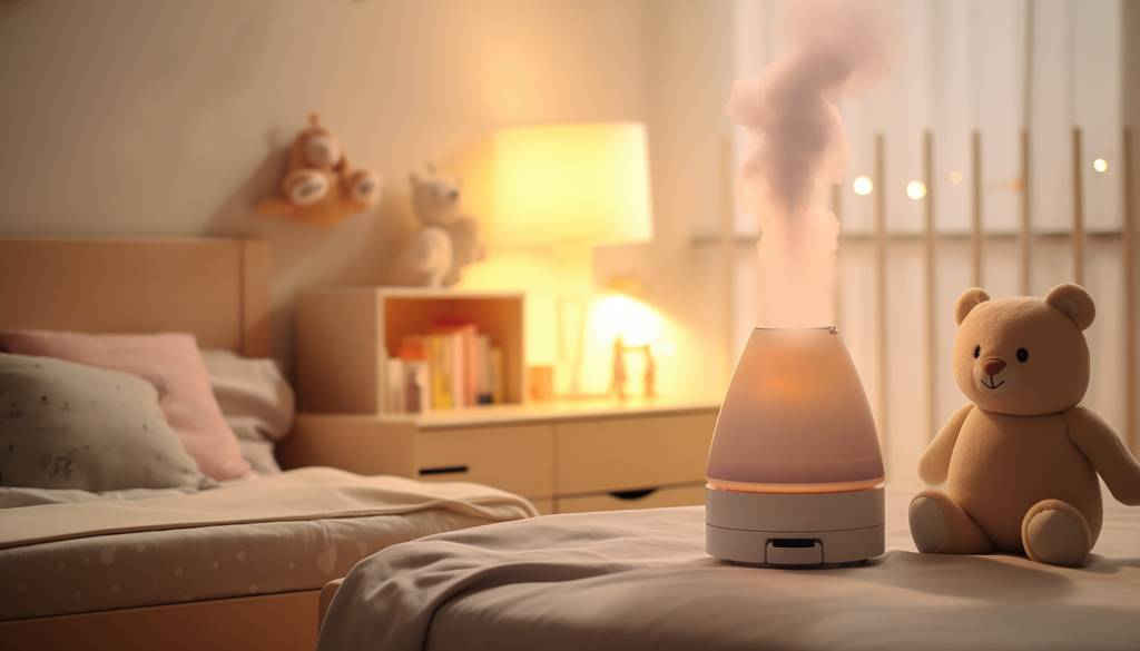 Beurer-Luftbefeuchter im Test: Ein Kinderzimmer mit sanfter Beleuchtung und in hellen Farben bildet den Hintgrund zu einem Luftbefeuchter, der ein Dampfwolke ausstößt und neben einem Teddy steht.