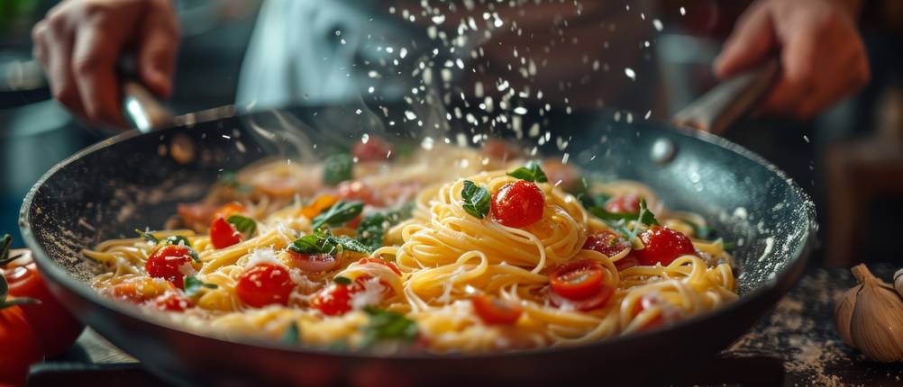 Bialetti-Pfanne-Test: große Pfanne, in der Spaghetti mit Tomaten und Basilikum zubereitet werden