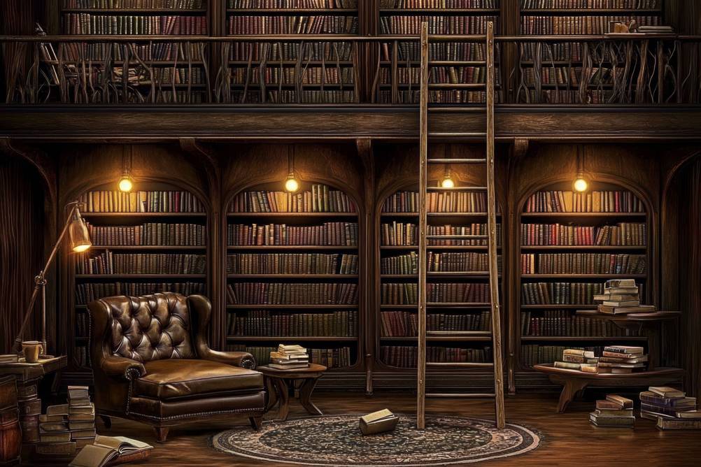 Bibliotheksleiter-Test: Zu sehen ist eine antike Bibliotheksleiter aus Holz in einer Bibliothek.
