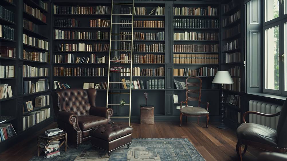 Bibliotheksleiter-Test: Zu sehen ist eine Bibliotheksleiter aus Metall in einem Lesezimmer zuhause.
