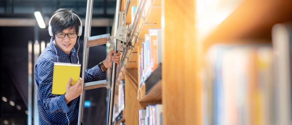 Bibliotheksleiter-Test: Eine Person steht auf einer Bibliotheksleiter aus Metall.