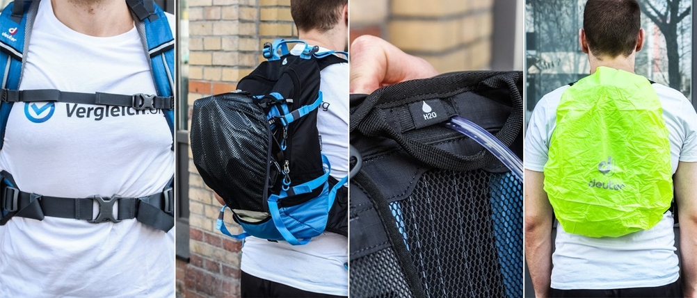 Collage zeigt verschiedene Extras bei Rucksäcken, wie Regenhüllen.