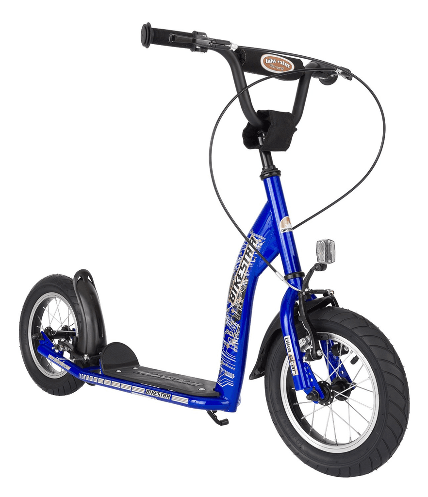 Kinderroller im Test: Blauer Bike Star Kinderroller in einer seitlichen Ansicht.