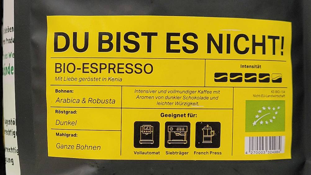 Bio-Fairtrade-Kaffee getestet: Nahaufnahme der Vorderseite mit Intensitätsangabe.