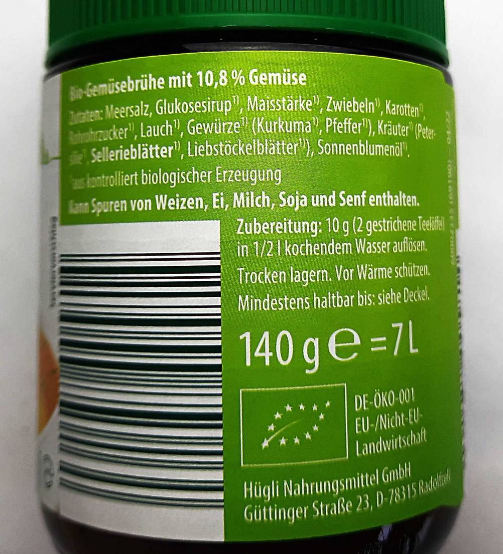 Bio-Gemüsebrühe getestet: Nahaufnahme der Rückseite mit der Zutatenliste.