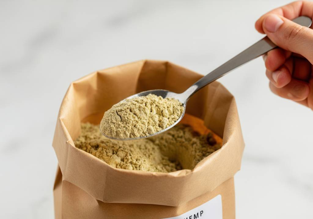 Bio-Hanfprotein-Test: Eine Person entnimmt mit einem Löffel Hanfprotein aus einem Säckchen. 