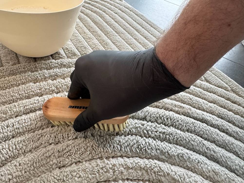 Eine Hand reibt mit einer Bürste den Biohy-Teppich-Shampoo in einen Teppich ein.