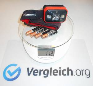Eine getestete Stirnlampe wird mit Batterien gewogen.