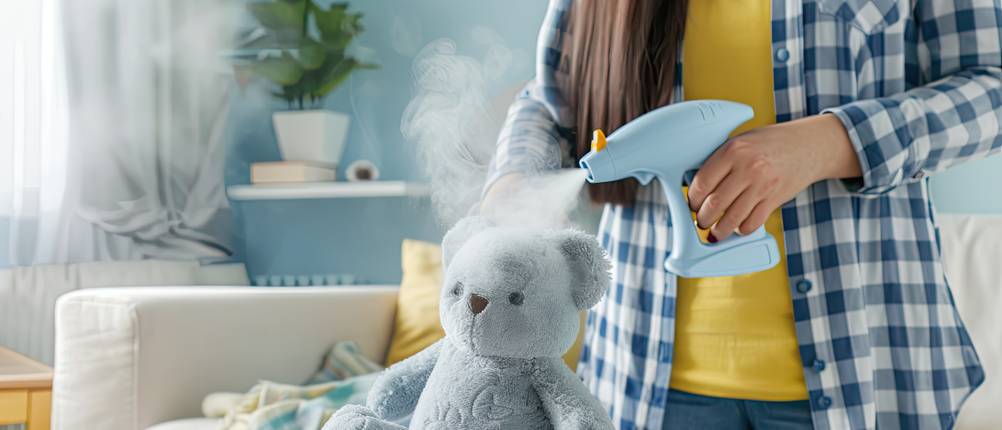 Black-und-Decker-Dampfreiniger: Getestet wird auch praktisches Zubehör wie dieses Handteil, mit dem ein Plüschbär gesäubert wird.