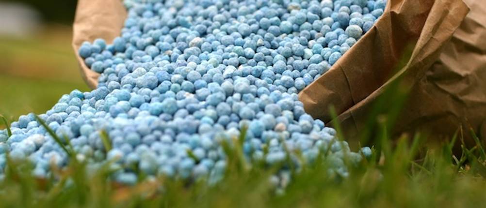 Blaudünger im Test: Ein Sack mit Blaudünger liegt umgekippt auf einer Wiese.