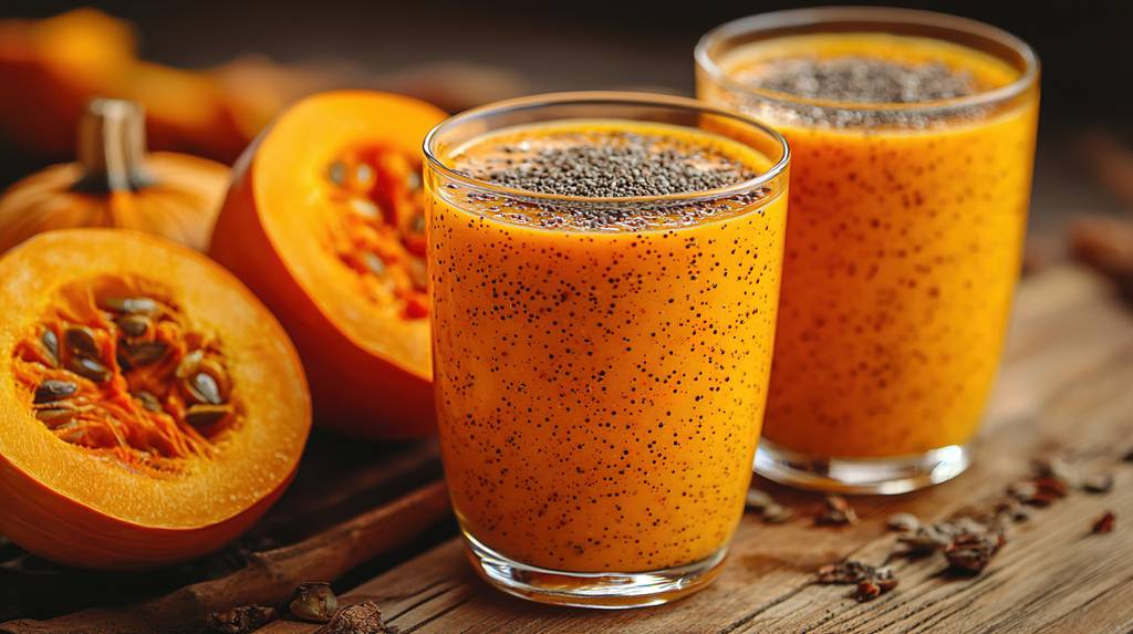 Blaumohn-Test: Zwei Gläser mit einem orangefarbenen Smoothie und Mohnsamen stehen auf einem Tisch. Daneben liegen Kürbisspalten. 
