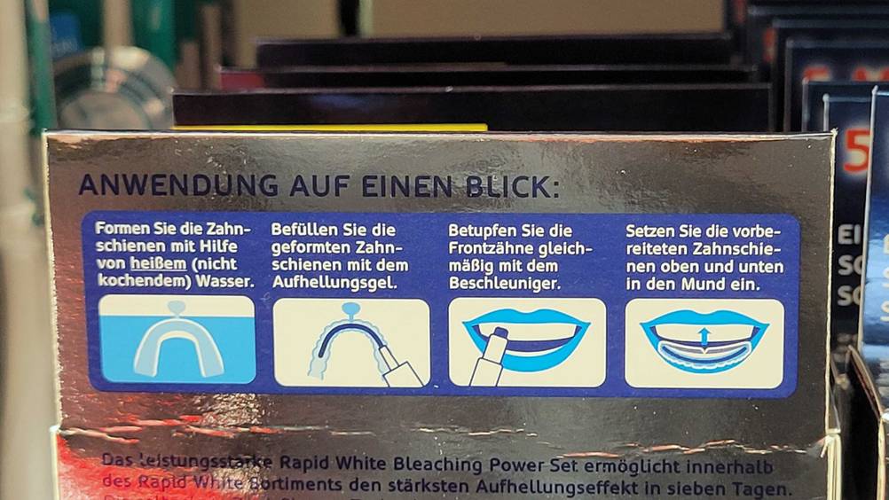 Bleaching-Gel getestet: Nahaufnahme der Anwendungshinweise auf der Packung.