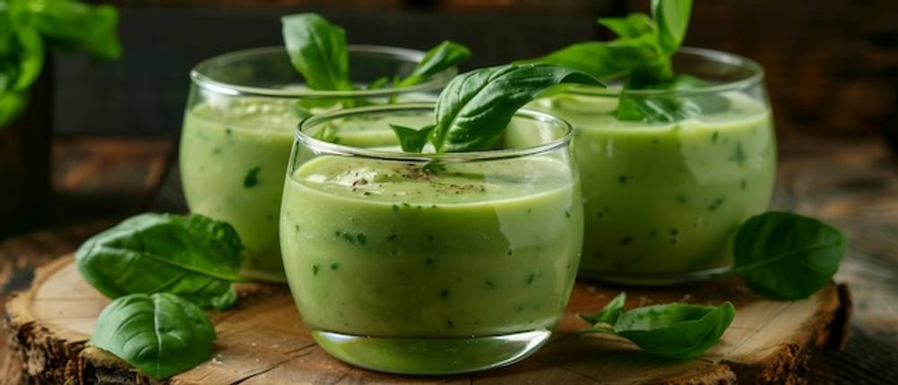 Blendtec-Mixer im Praxis-Test: Drei Gläser mit grünen Smoothies stehen auf einer Holzablage.