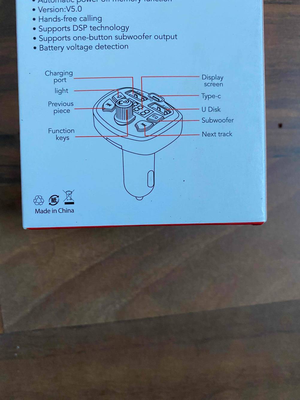 Bluetooth-Adapter (Auto) getestet: Nahaufnahme der Infografik auf der Rückseite der Originalverpackung.