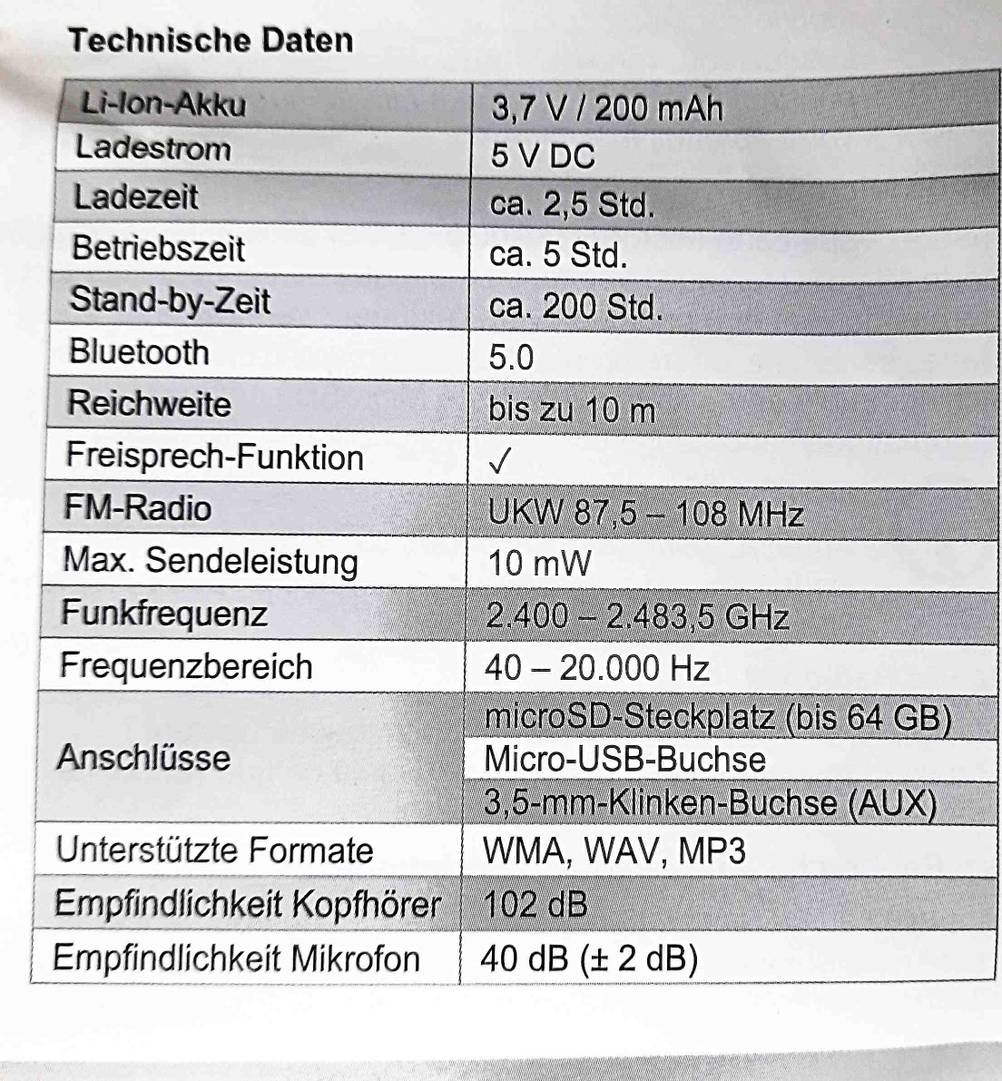 Bluetooth-Kopfhörer bis 100 Euro getestet: Nahaufnahme der Technischen Daten.