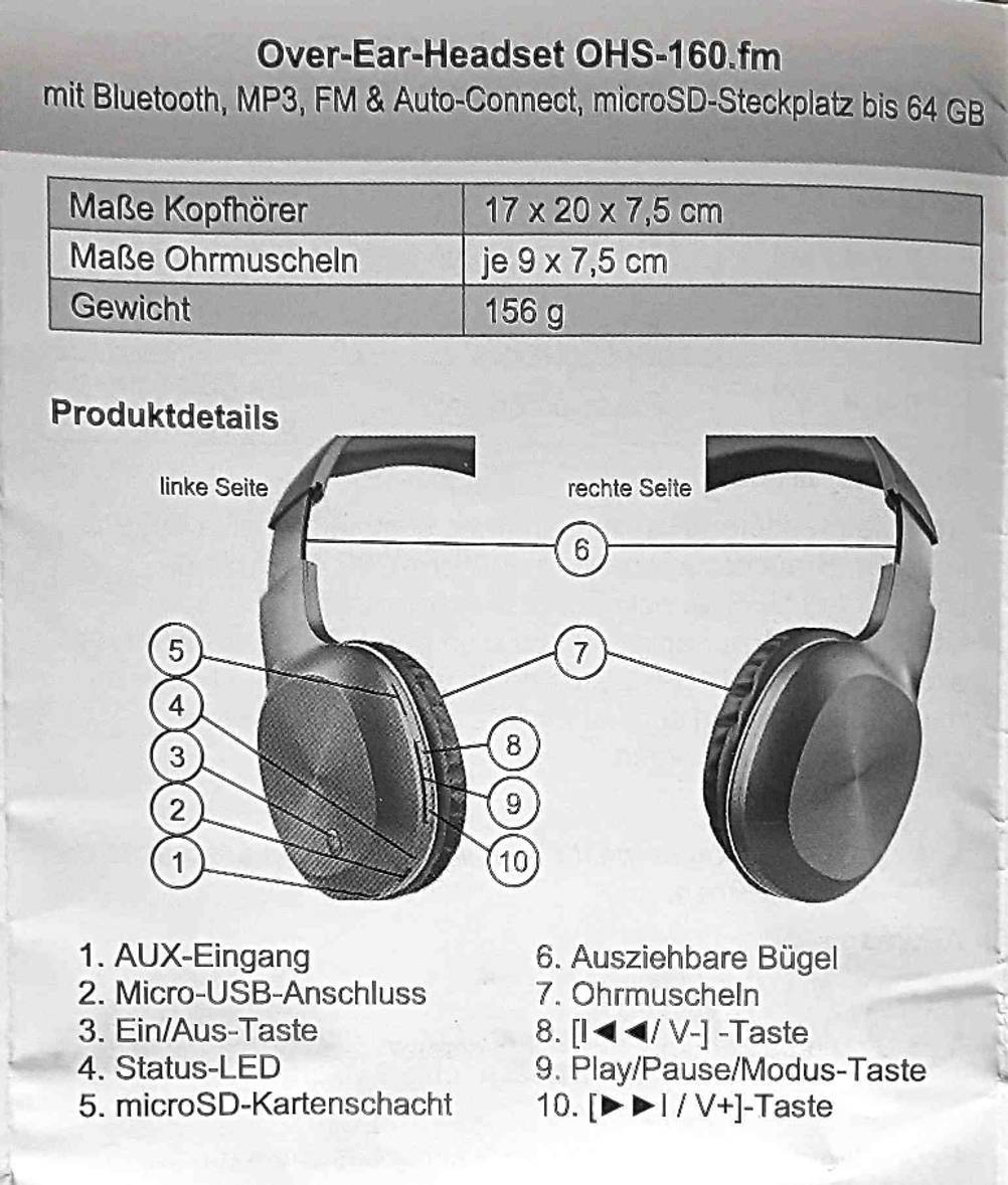 Bluetooth-Kopfhörer bis 100 Euro-Test: Die Betriebsanleitung mit Produktdetails.