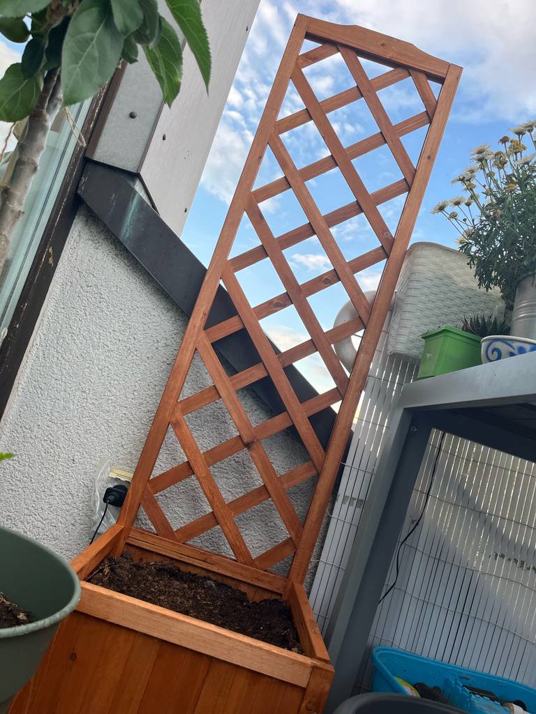 Ein aus Holz gefertigter, getesteter Blumenkasten mit Rankgitter befindet sich auf einem Balkon neben weiteren Topfpflanzen.