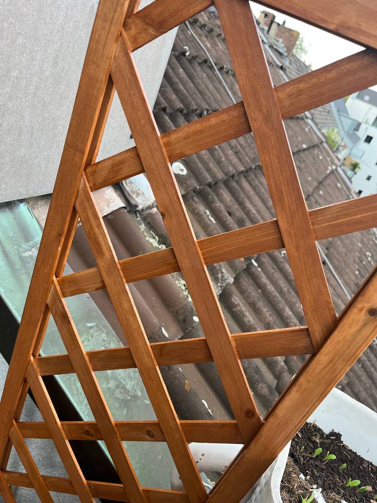 Ansicht von oben auf einen aus Holz gefertigten Blumenkasten mit Rankgitter im Test, der auf einem Balkon steht.