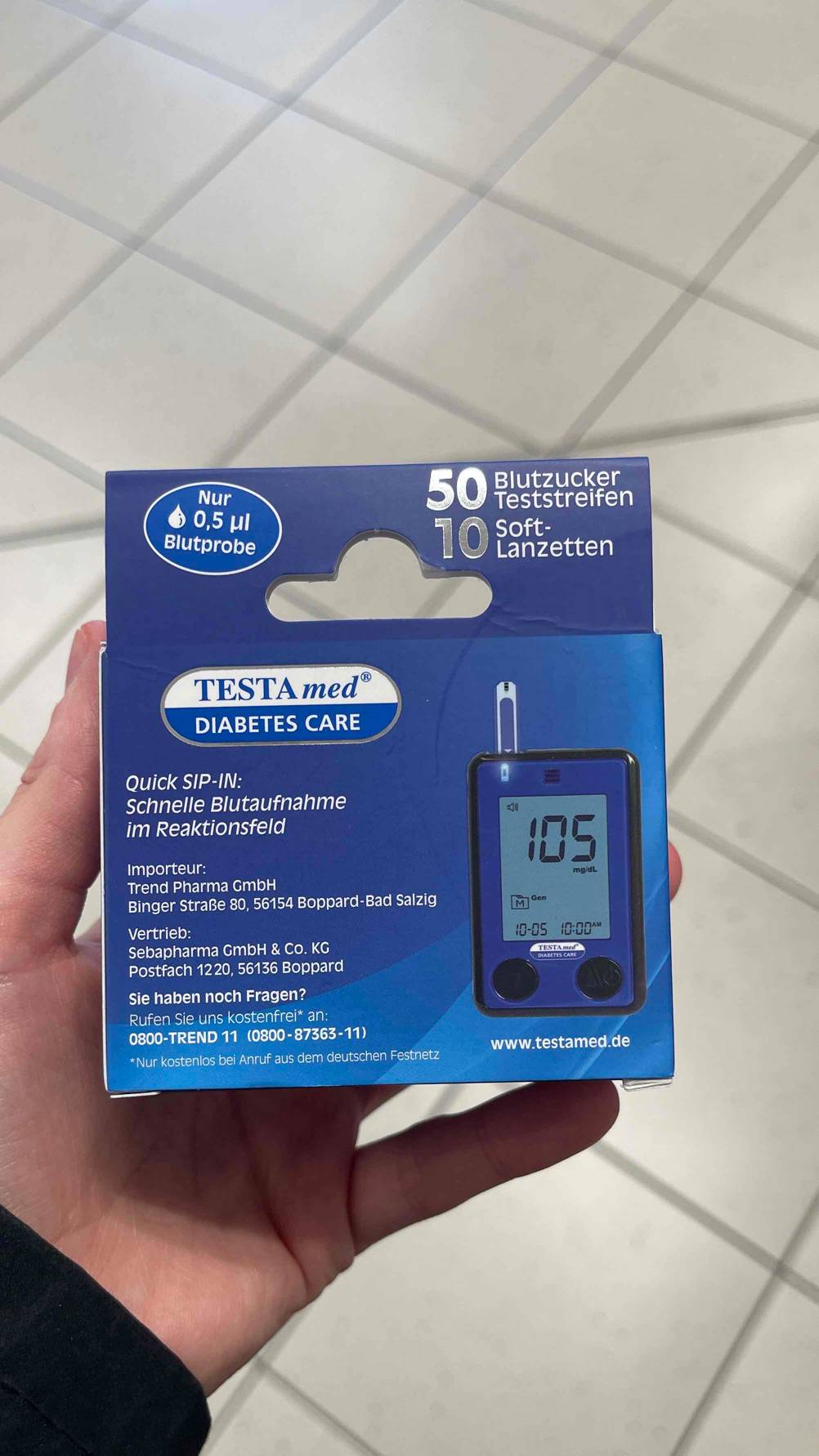 Blutzuckerteststeifen getestet: Nahaufnahme der Rückseite der Verpackung.