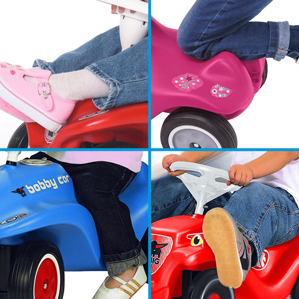 Bobby-Cars im Test: Dieses Bild zeigt Kinder in unterschiedlichen Positionen eines Booby-Cars.