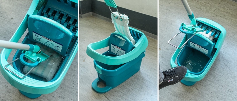 Bodenwischer von Leifheit in der Anwendung in drei Einzelbildern.