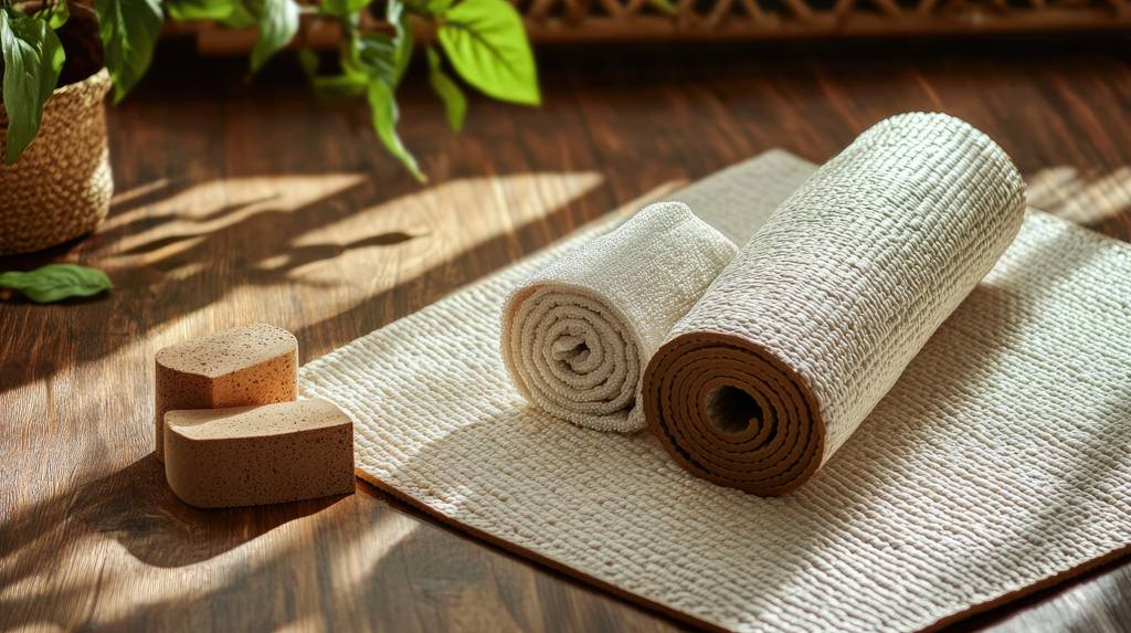 Bodhi-Yogamatte-Test: Auf einem Holzboden liegen mehrere Yogamatten aus Schurwolle. Daneben stehen Yogablöcke und eine Topfpflanze. 