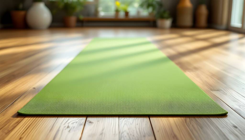 Bodhi-Yogamatte-Test: Eine grüne Yogamatte auf einem Holzboden. 