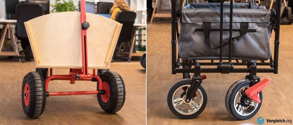 Die verschiedenen Achsen unterschiedlicher Bollerwagen im Test.
