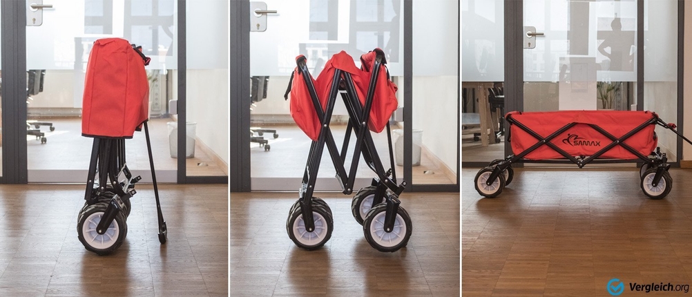 klappbarer Bollerwagen in Rot wird aufgeklappt