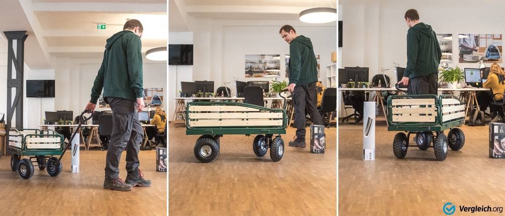 Die Lenkung eines Bollerwagens im Test.