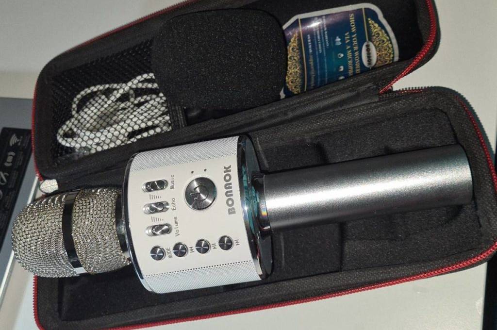 Getestet: Karaoke-Anlage. Nahaufnahme eines schwarzen Etuis von einem schwarz-silbernen Karaoke- Mikrofon mit integriertem Lautsprecher und mehreren Einstellköpfen.