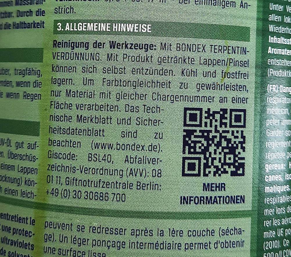 Bondex-Holzöl im Test: Nahaufnahme der Informationen auf der Rückseite.