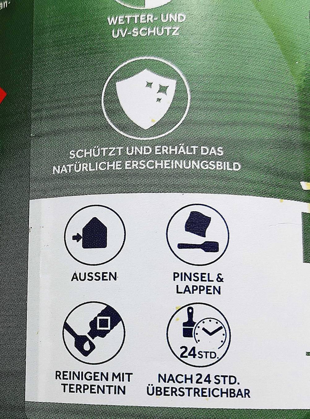 Bondex-Holzöl-Test: Nahaufnahme der Infografiken auf der Verpackung.