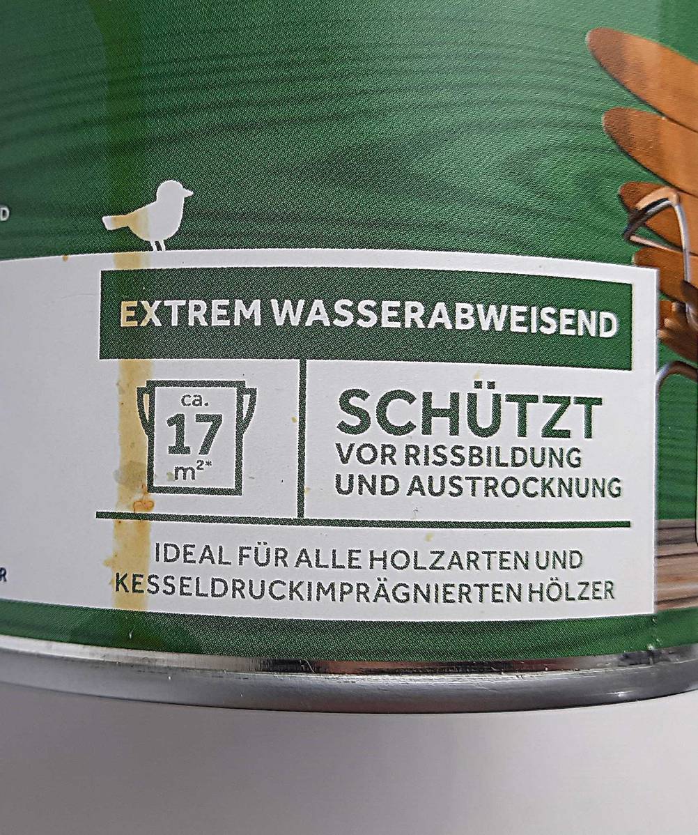 Bondex-Holzöl getestet: Nahaufnahme der Informationen auf der Dose.